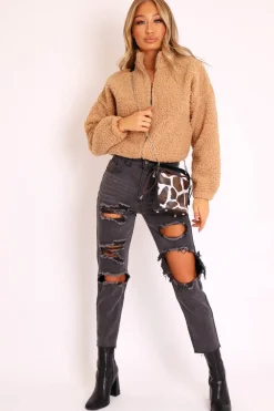 Rebellious Fashion Camel Zip Front Teddy Jacket - Elena