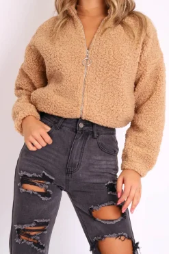 Rebellious Fashion Camel Zip Front Teddy Jacket - Elena