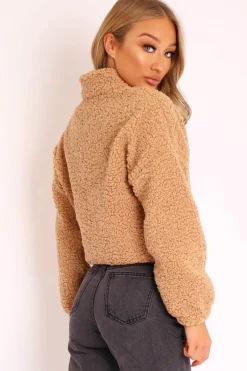 Rebellious Fashion Camel Zip Front Teddy Jacket - Elena