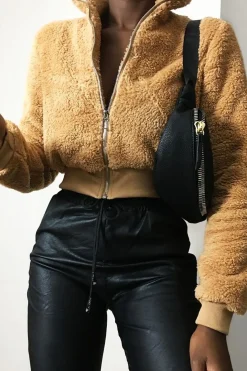 Rebellious Fashion Camel Zip Front Teddy Jacket - Elena