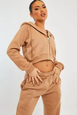Rebellious Fashion Camel Zip Up Cropped Hoodie - Skarlet