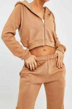 Rebellious Fashion Camel Zip Up Cropped Hoodie - Skarlet