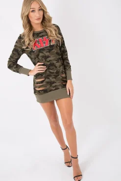 Rebellious Fashion Camo Distressed Kiss Jumper Dress - Ferne