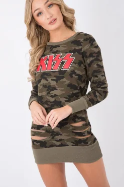 Rebellious Fashion Camo Distressed Kiss Jumper Dress - Ferne