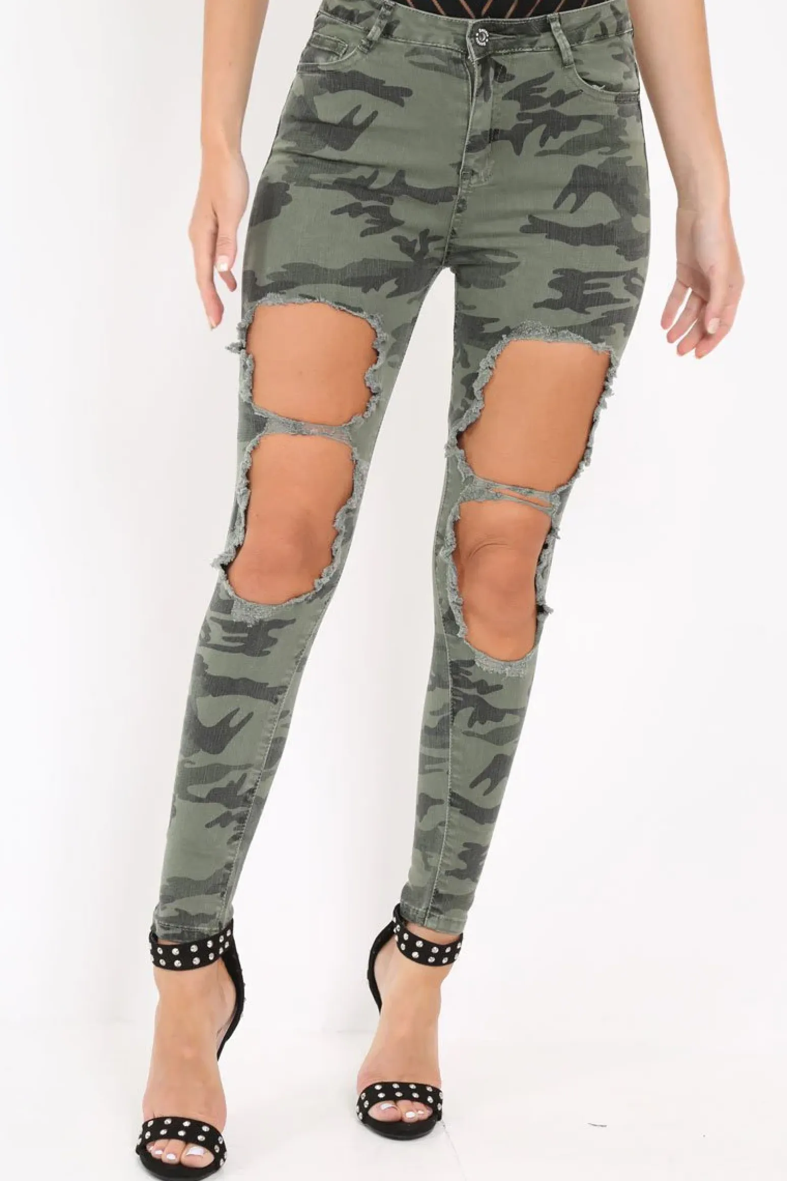Rebellious Fashion Camo Distressed Skinny Jeans - Rosaura