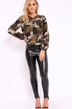 Rebellious Fashion Camo Lace Up Front Blouse - Zion