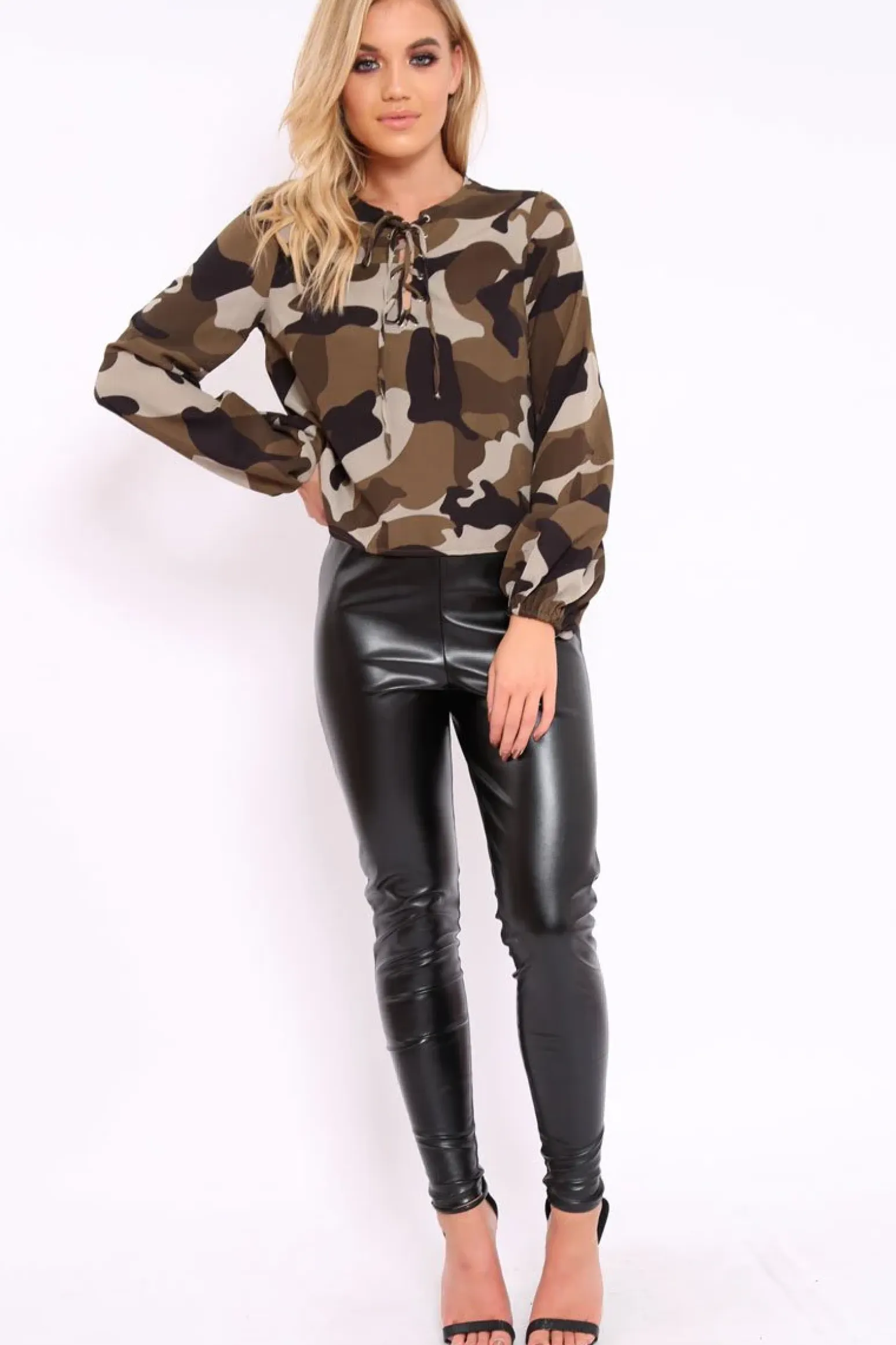 Rebellious Fashion Camo Lace Up Front Blouse - Zion