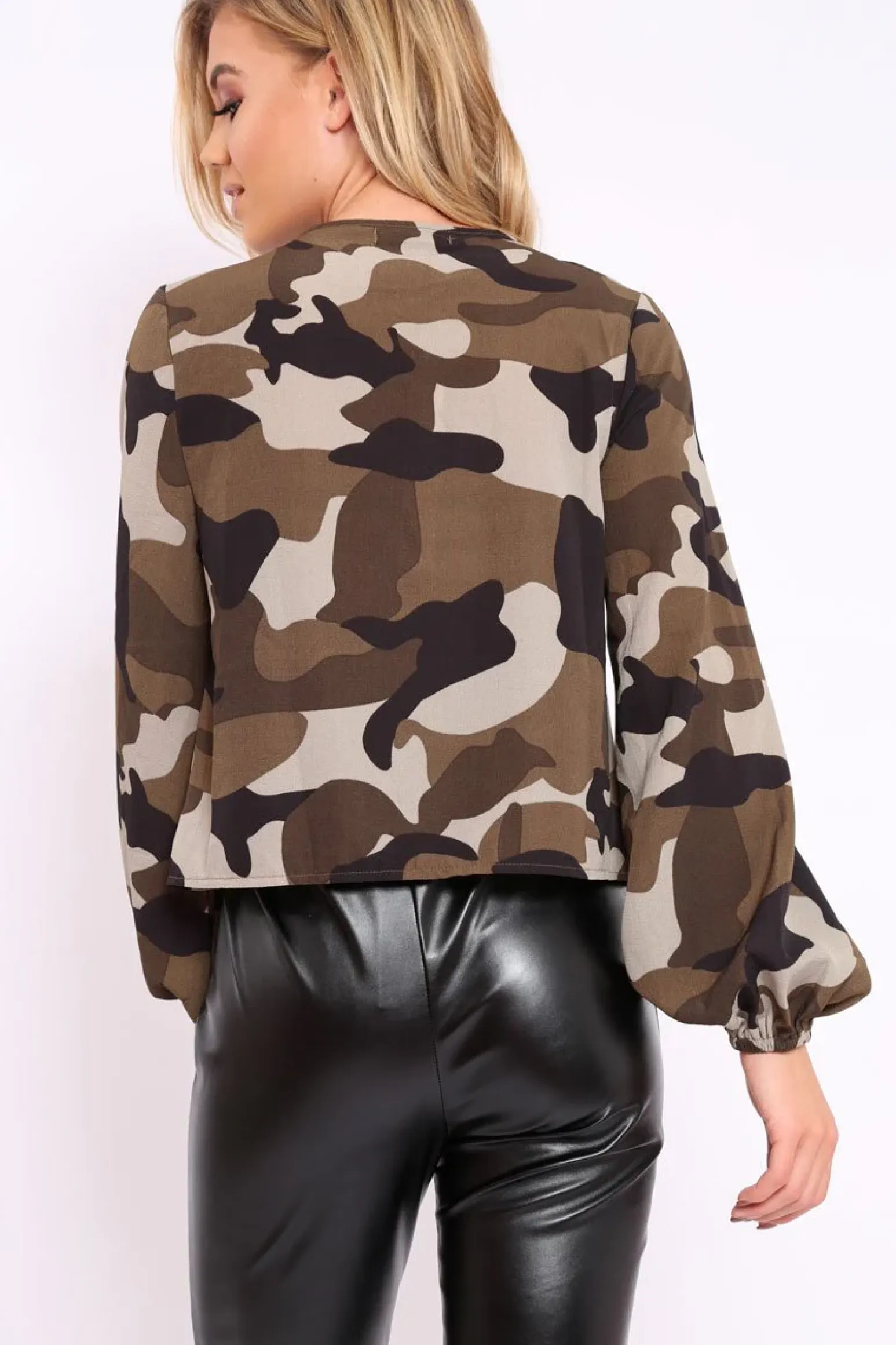 Rebellious Fashion Camo Lace Up Front Blouse - Zion