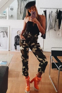 Rebellious Fashion Camo Paper Bag Tie Waist Cigarette Trousers - Karmen