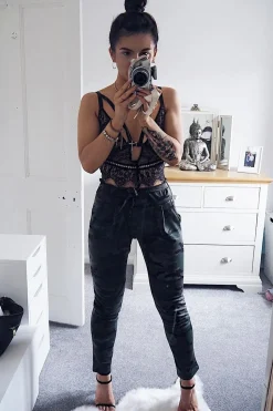 Rebellious Fashion Camo Paper Bag Tie Waist Cigarette Trousers - Karmen