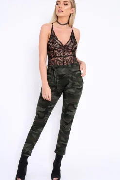 Rebellious Fashion Camo Paper Bag Tie Waist Cigarette Trousers - Karmen