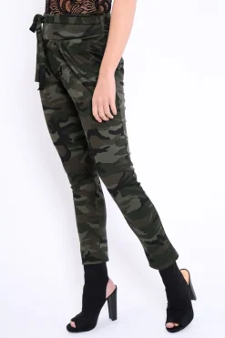 Rebellious Fashion Camo Paper Bag Tie Waist Cigarette Trousers - Karmen