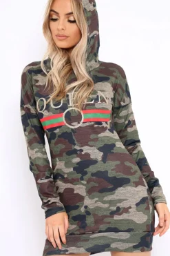 Rebellious Fashion Camo Slogan Hooded Dress - Ramona