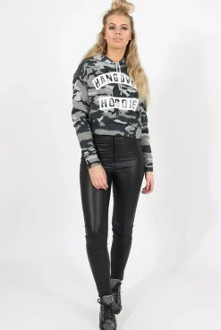 Rebellious Fashion Camouflage Slogan Cropped Hoodie - Hannah