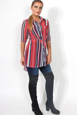 Rebellious Fashion Candy Red Sheer Stripe Tie Waist Shirt