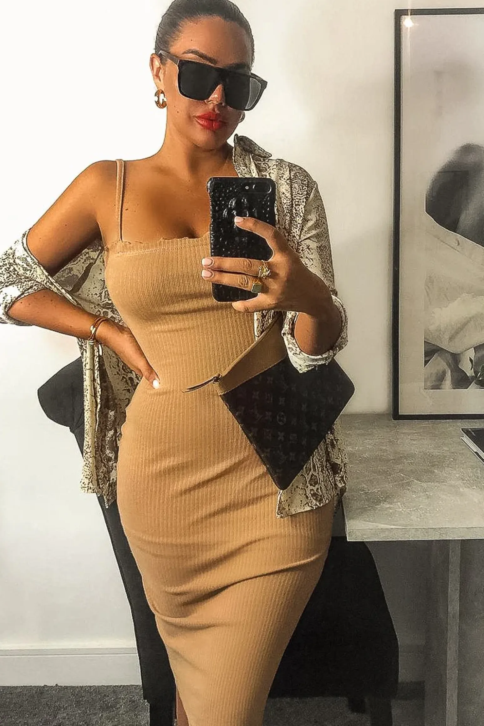 Rebellious Fashion Caramel Ribbed Frill Edge Midi Dress - Aalani