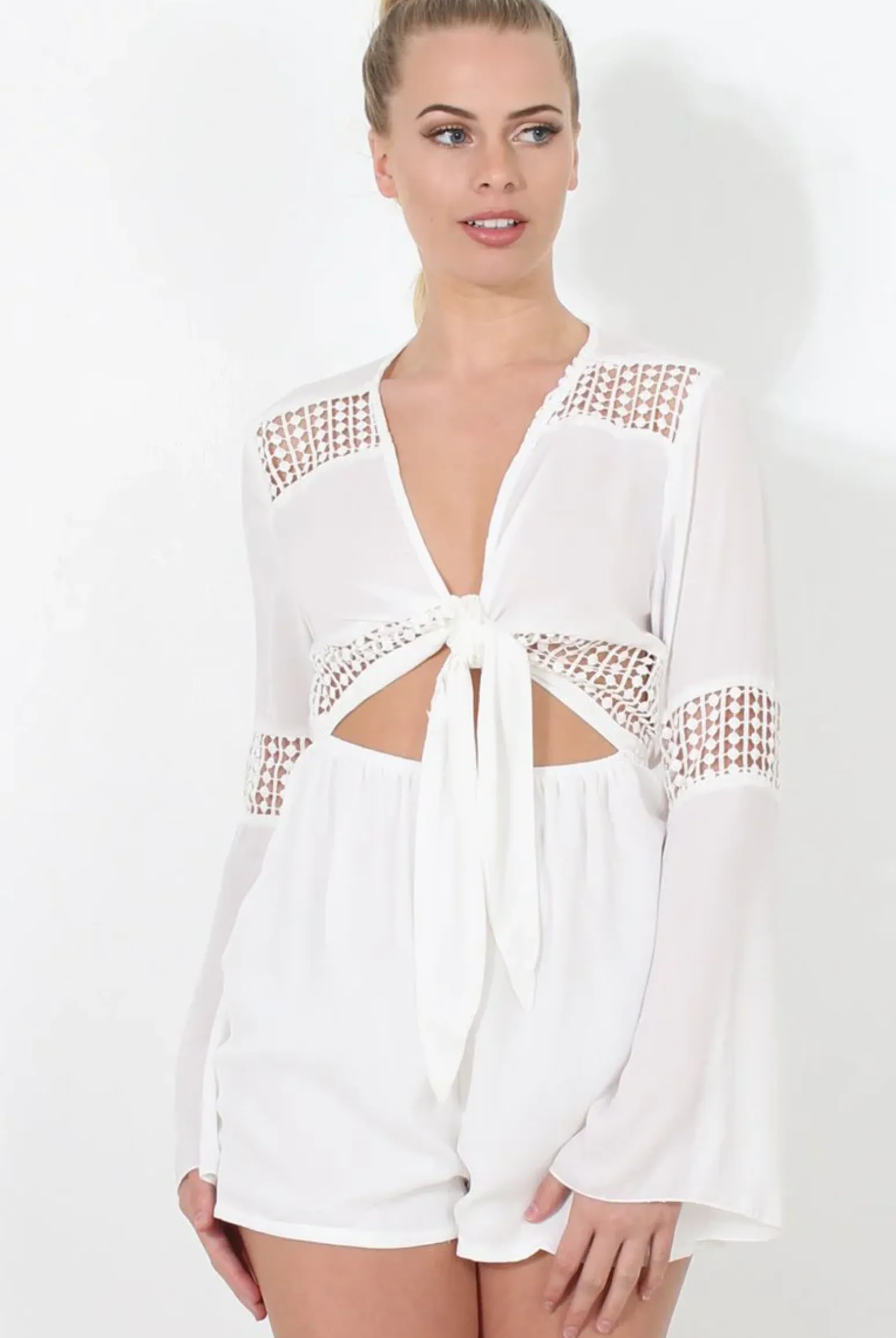 Rebellious Fashion Carson White Crochet Detail Playsuit