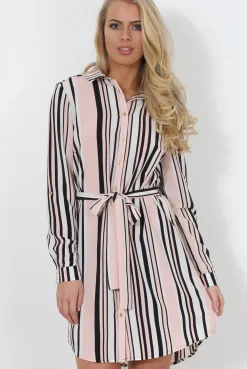 Rebellious Fashion Cayla Pink Striped Shirt Dress