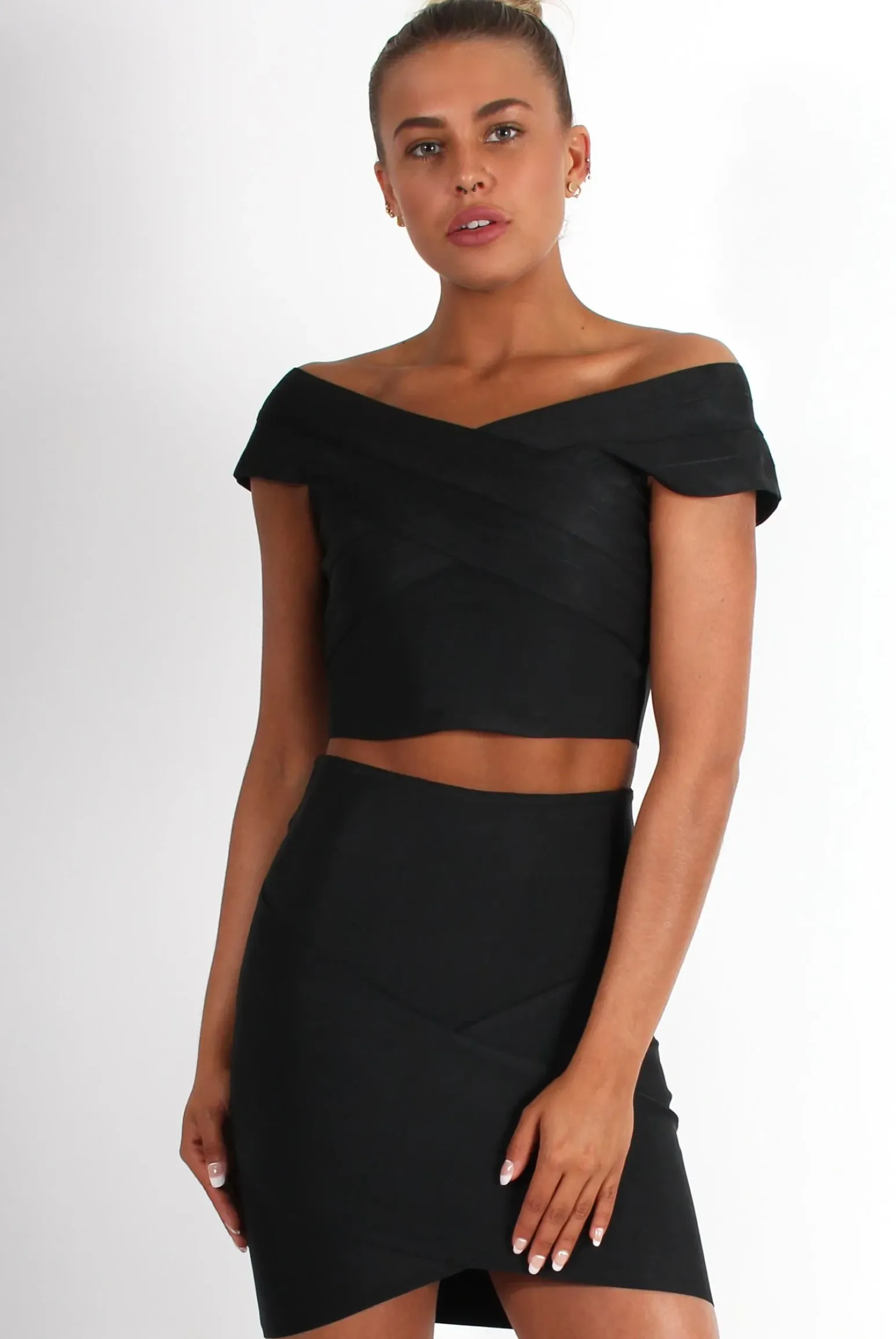 Rebellious Fashion Ceanna Black Bandage Cross Front Two Piece