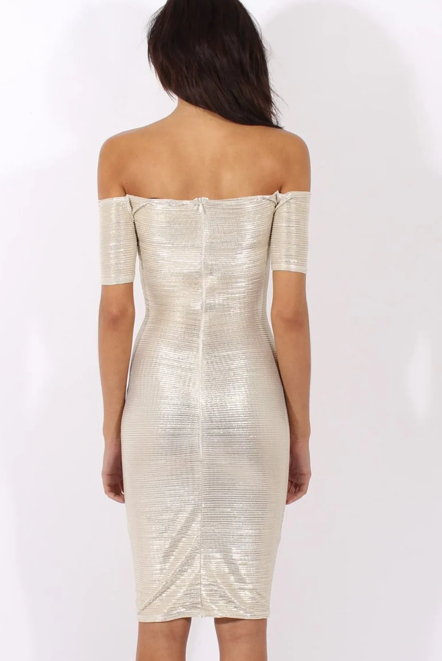 Rebellious Fashion Champagne Metallic Pleated Bardot V Front Midi Dress - Lucia