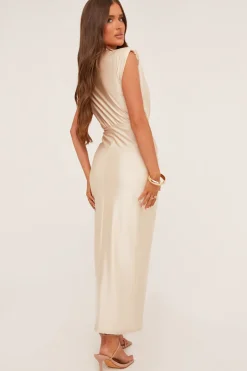 Rebellious Fashion Champagne Plunge Neck Draped Maxi Dress - Brylen