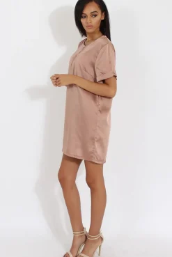 Rebellious Fashion Champagne Satin Zip Tee Dress - Valeria