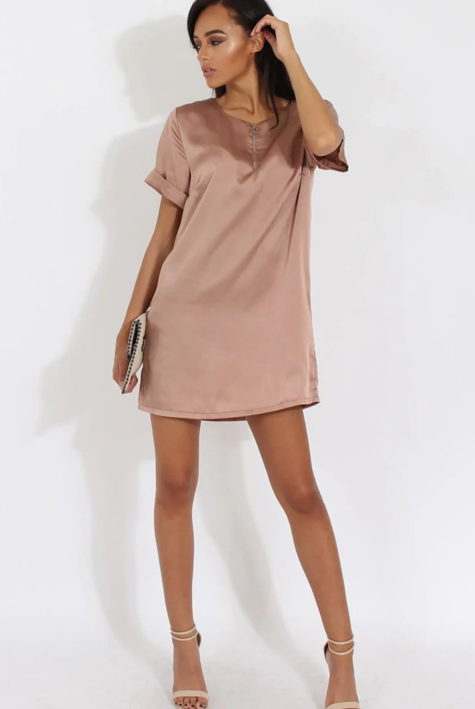 Rebellious Fashion Champagne Satin Zip Tee Dress - Valeria