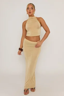 Rebellious Fashion Champagne Acetate Slinky Halter Top & Maxi Skirt Co-ord Set - Alice