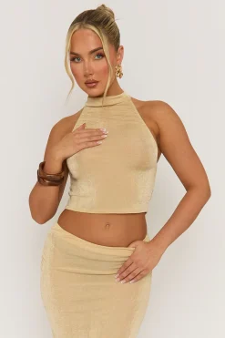 Rebellious Fashion Champagne Acetate Slinky Halter Top & Maxi Skirt Co-ord Set - Alice
