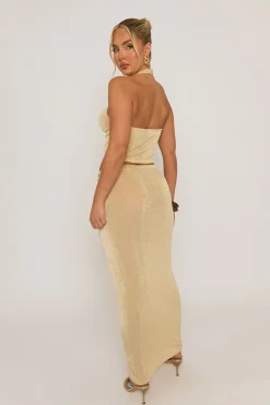 Rebellious Fashion Champagne Acetate Slinky Halter Top & Maxi Skirt Co-ord Set - Alice