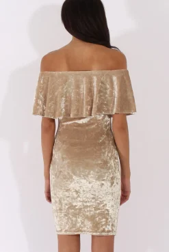 Rebellious Fashion Champagne Crushed Velvet Frill Dress - Esmy