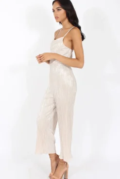 Rebellious Fashion Champagne Metallic Pleated Cropped Jumpsuit - Arabella