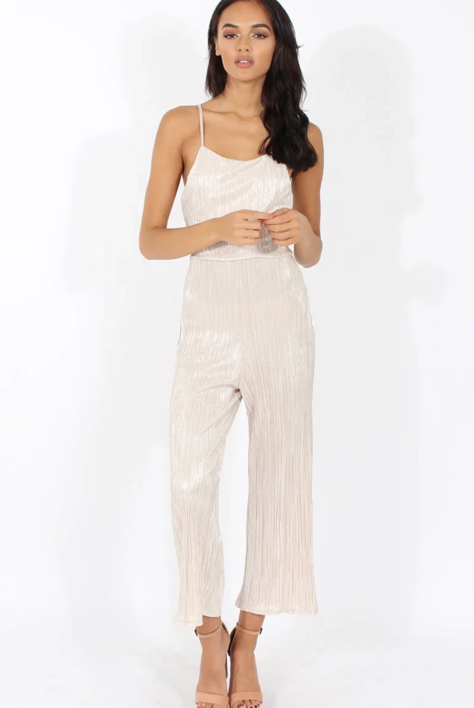 Rebellious Fashion Champagne Metallic Pleated Cropped Jumpsuit - Arabella