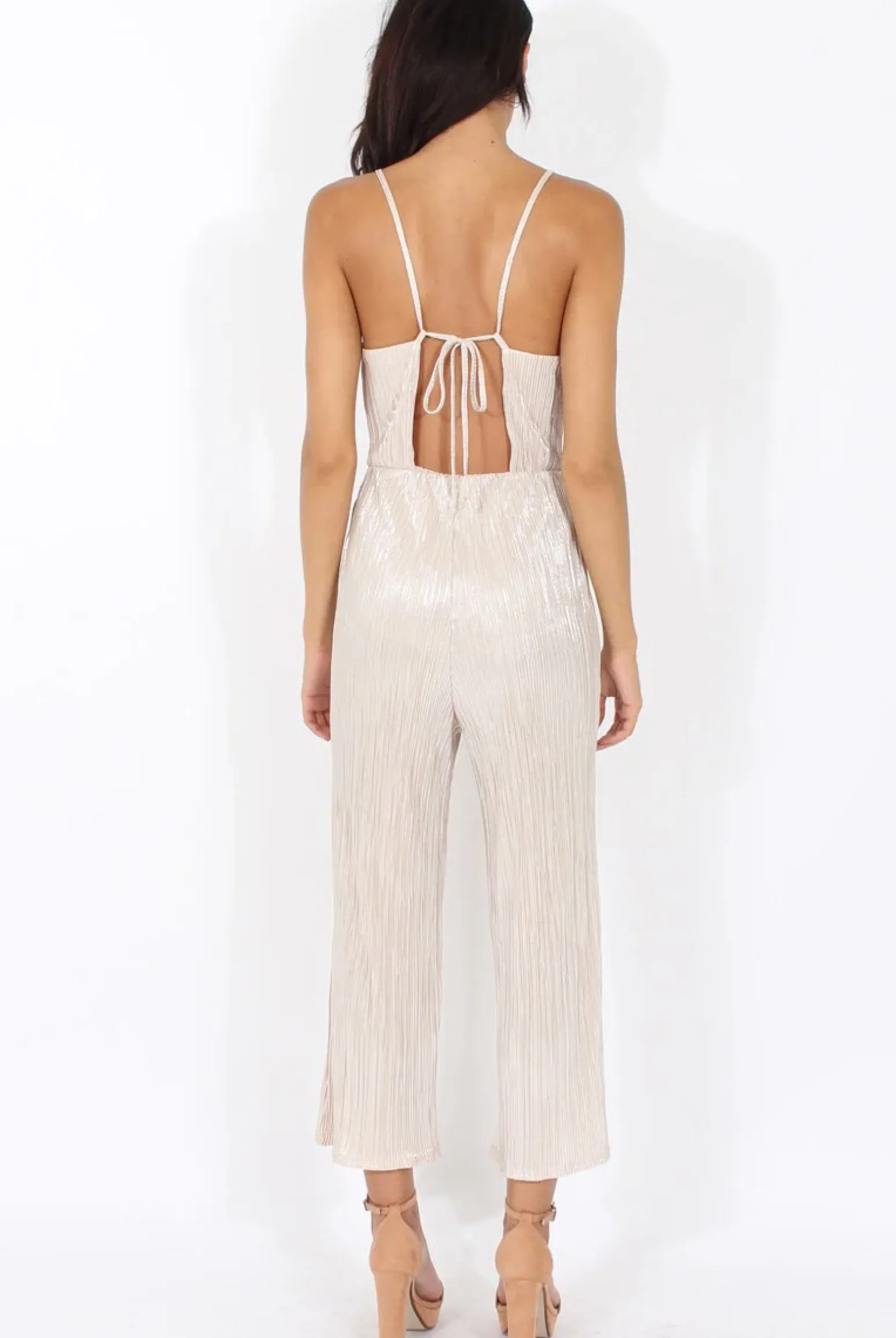 Rebellious Fashion Champagne Metallic Pleated Cropped Jumpsuit - Arabella