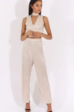 Rebellious Fashion Champagne Metallic Pleated High Waisted Trousers - Phoebe