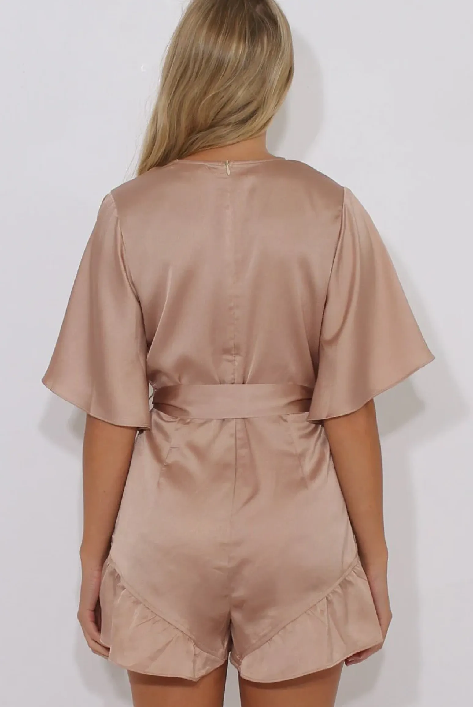 Rebellious Fashion Champagne Satin Plunge Flared Sleeve Tied Waist Playsuit - Crystal