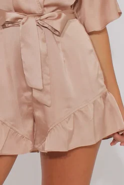 Rebellious Fashion Champagne Satin Plunge Flared Sleeve Tied Waist Playsuit - Crystal