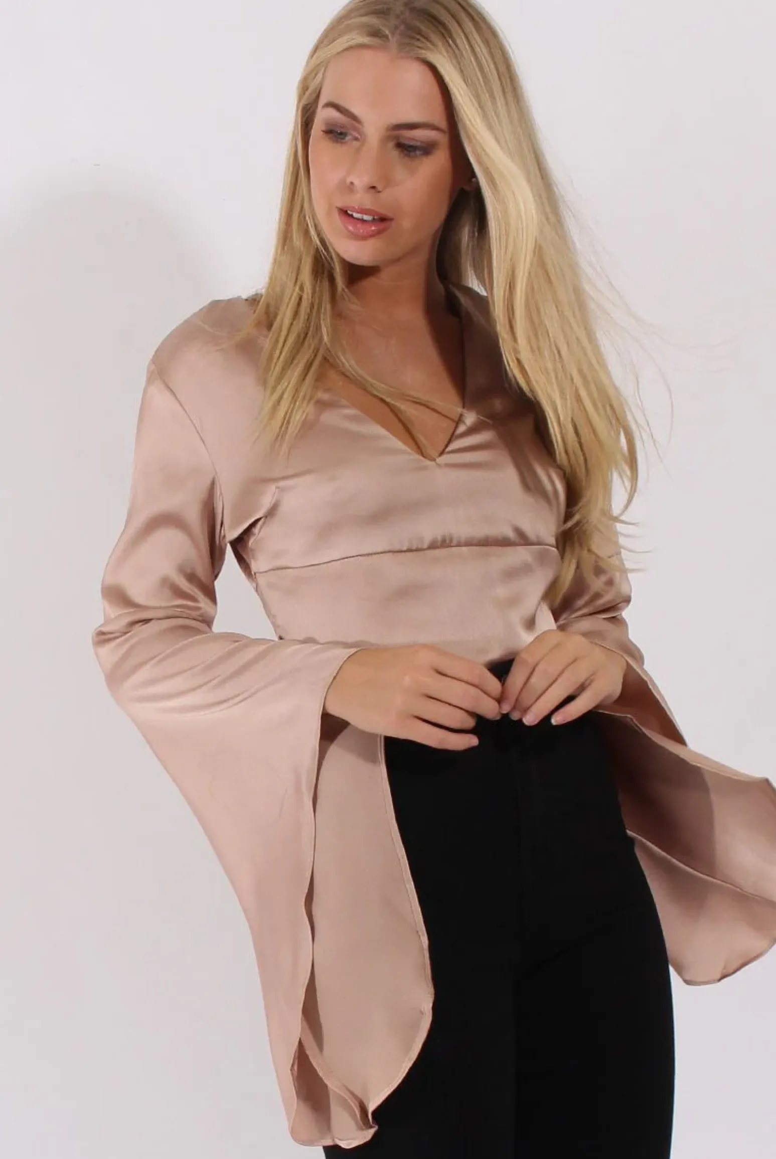 Rebellious Fashion Champagne Silk Flare Sleeves Crop Top - Anise