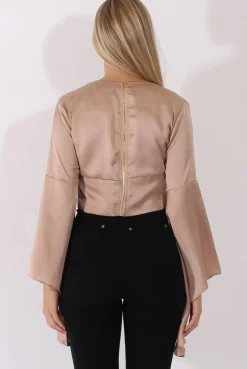 Rebellious Fashion Champagne Silk Flare Sleeves Crop Top - Anise