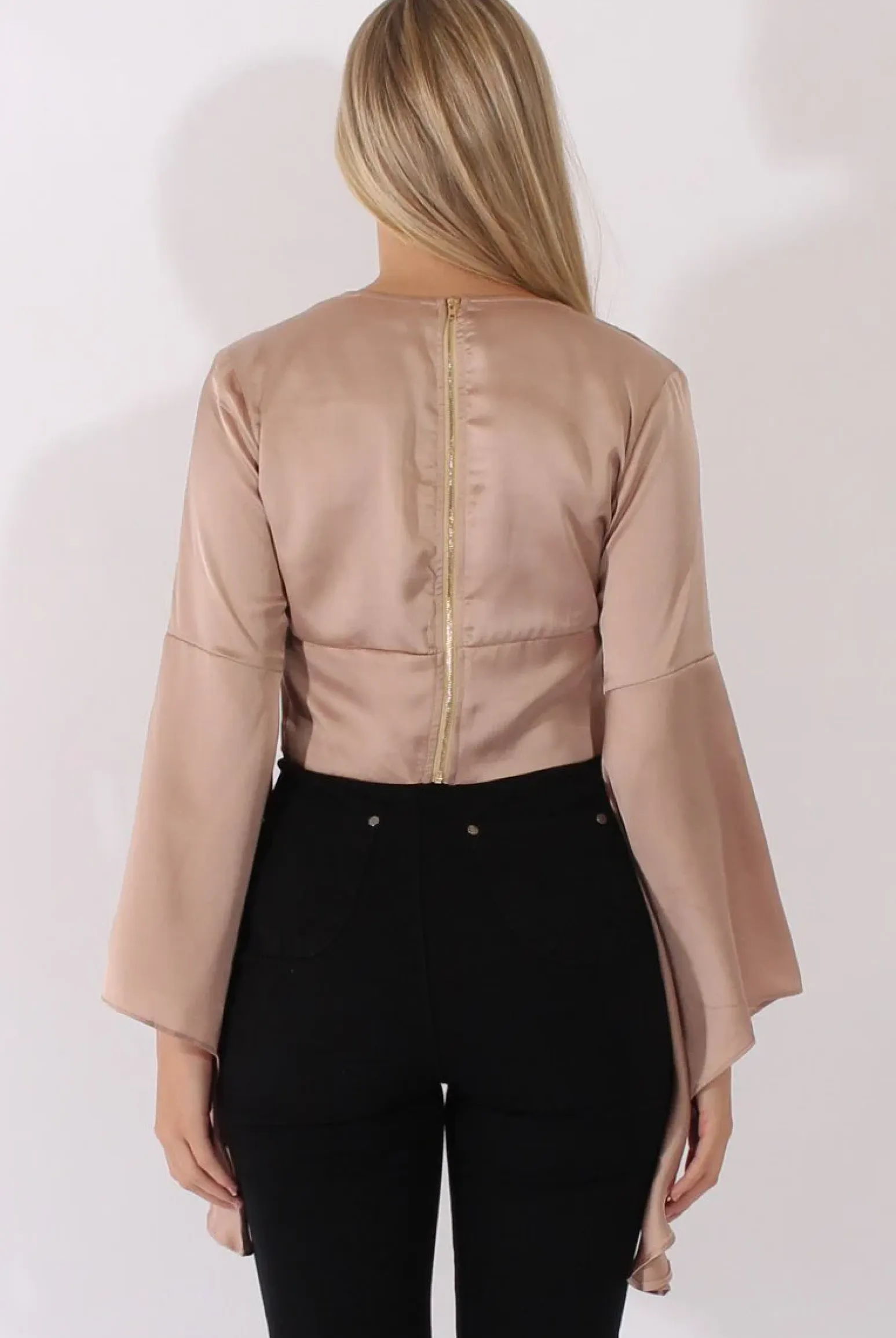 Rebellious Fashion Champagne Silk Flare Sleeves Crop Top - Anise