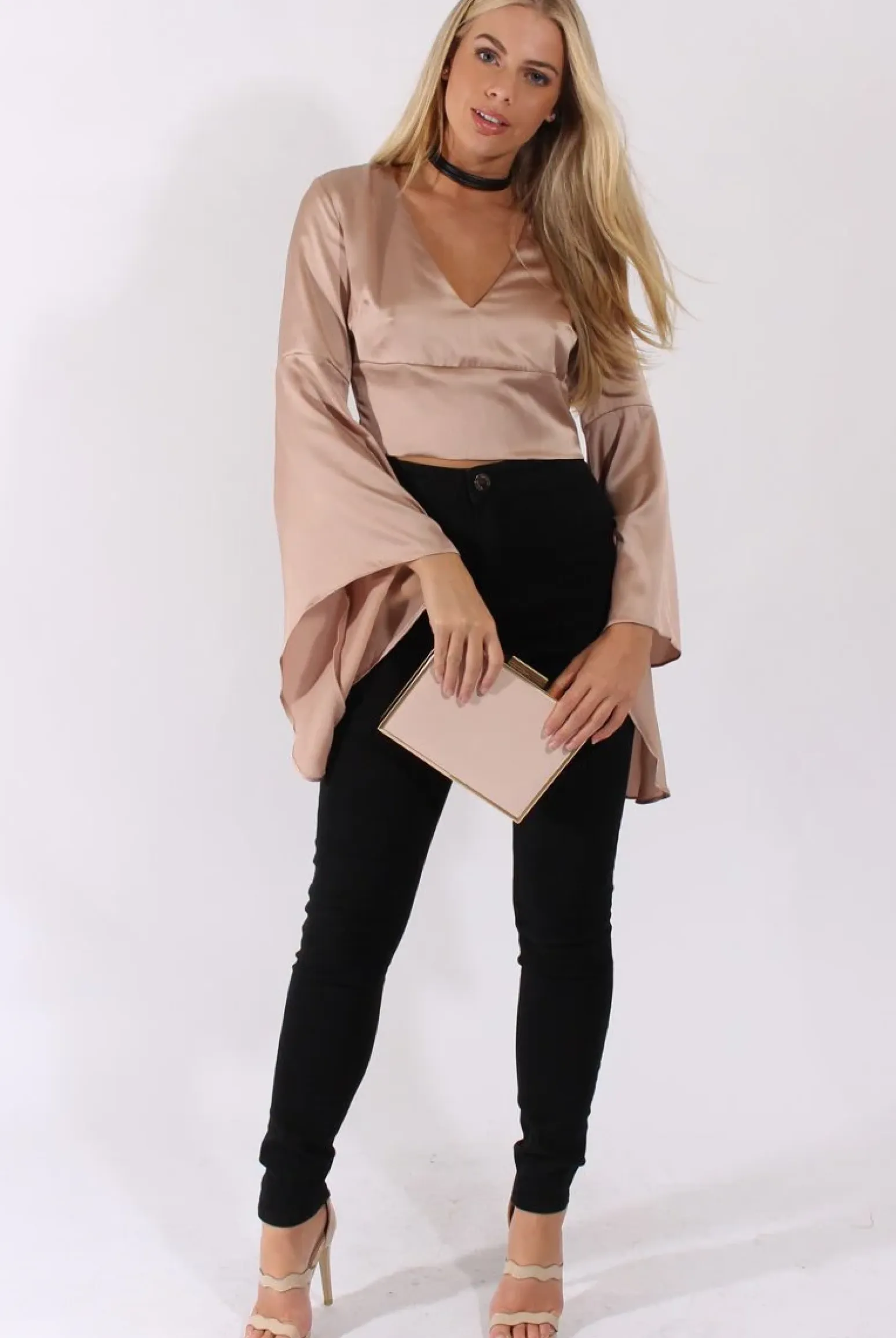 Rebellious Fashion Champagne Silk Flare Sleeves Crop Top - Anise