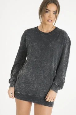Rebellious Fashion Charcoal Acid Wash Jumper Dress - Cheryl