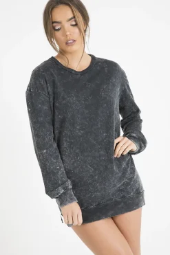 Rebellious Fashion Charcoal Acid Wash Jumper Dress - Cheryl