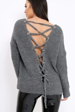 Rebellious Fashion Charcoal Chunky Knit Lace Up Back Jumper - Perrie