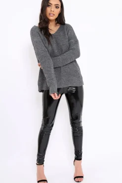 Rebellious Fashion Charcoal Chunky Knit Lace Up Back Jumper - Perrie