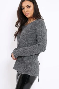 Rebellious Fashion Charcoal Chunky Knit Lace Up Back Jumper - Perrie