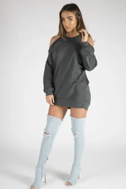 Rebellious Fashion Charcoal Cold Shoulder Distressed Jumper Dress - Kylie