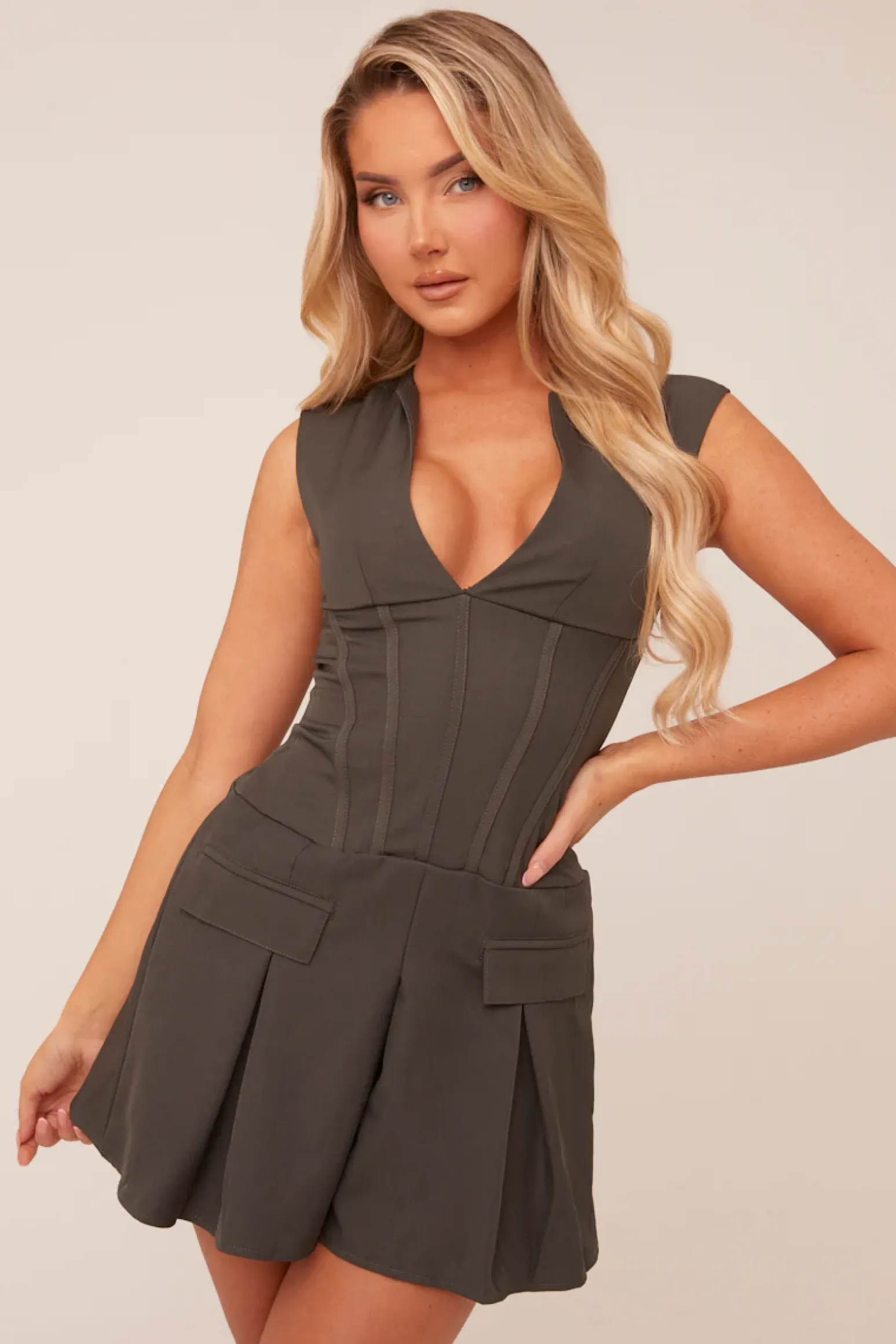 Rebellious Fashion Charcoal Corset Detail Pleated Hem Mini Dress - Neriah