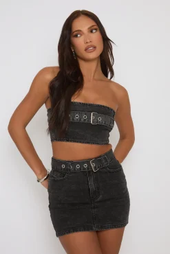 Rebellious Fashion Charcoal Denim Bandeau Crop Top and Mini Skirt Co-Ord - Elianna