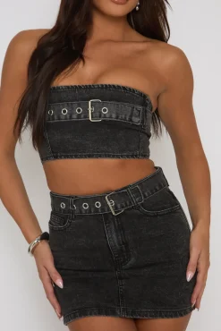 Rebellious Fashion Charcoal Denim Bandeau Crop Top and Mini Skirt Co-Ord - Elianna